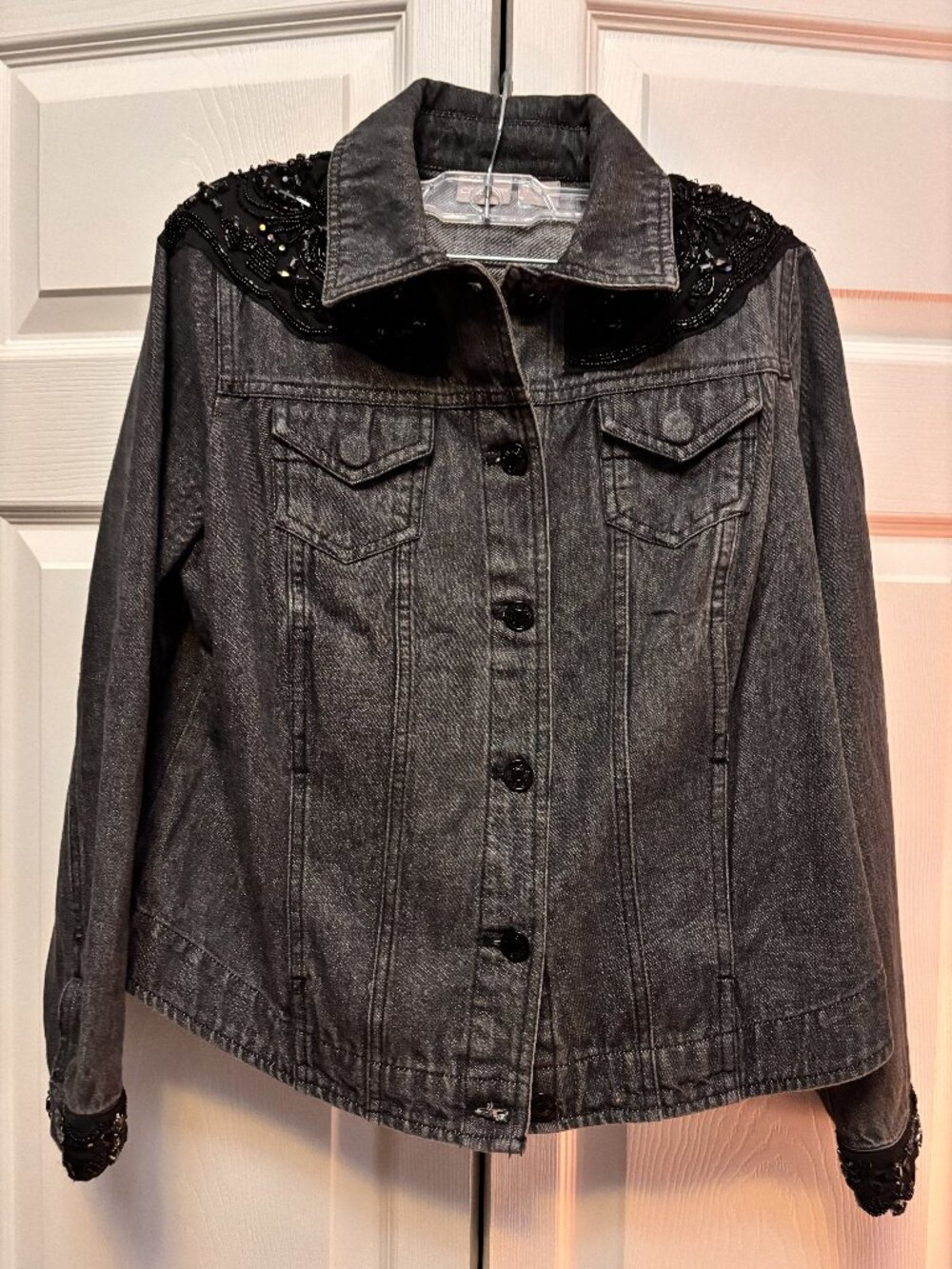 Chico’s Black Beaded Embellished Denim Jacket Boho Glam Size Large
